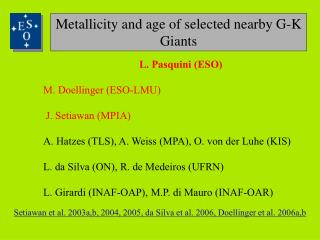 Metallicity and age of selected nearby G-K Giants