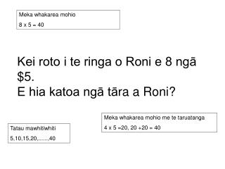 Kei roto i te ringa o Roni e 8 ngā $5. E hia katoa ngā t ā ra a Roni?