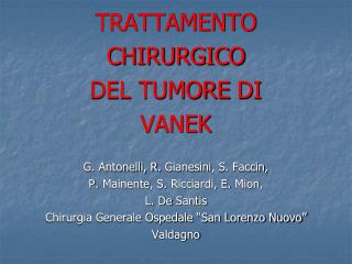 TRATTAMENTO CHIRURGICO DEL TUMORE DI VANEK G. Antonelli, R. Gianesini , S. Faccin ,