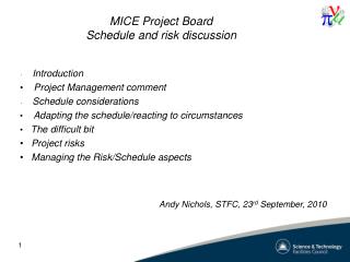 MICE Project Board Schedule and risk discussion