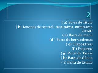 ( a) Barra de Titulo ( b) Botones de control (maximizar, minimizar, cerrar) ( c) Barra de menú