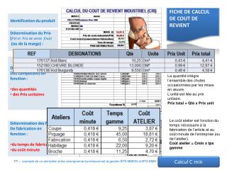 Détermination du coût Des composants en fonction : des quantités des Prix unitaires