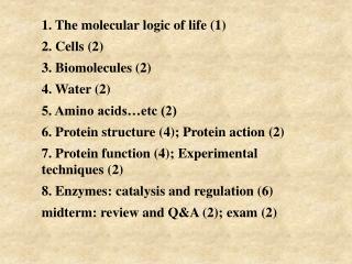 1. The molecular logic of life (1) 2. Cells (2) 3. Biomolecules (2) 4. Water (2)