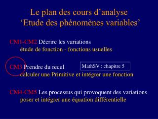 Le plan des cours d’analyse ‘ Etude des phénomènes variables’