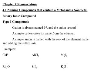 Chapter 4 Nomenclature 4.1 Naming Compounds that contain a Metal and a Nonmetal
