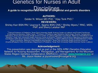 Genetics for Nurses in Adult Disciplines