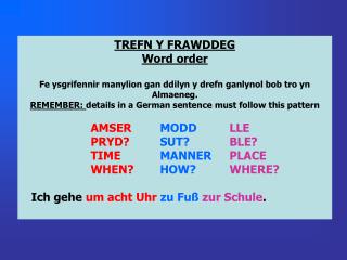 TREFN Y FRAWDDEG Word order