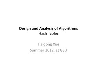 Design and Analysis of Algorithms Hash Tables