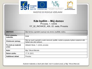 Kde bydlím – Můj domov Prvouka, 1. ročník VY_32_INOVACE_430, 22. sada, Prvouka
