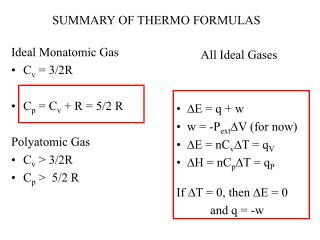 Ideal Monatomic Gas C v = 3/2R C p = C v + R = 5/2 R Polyatomic Gas C v > 3/2R C p > 5/2 R