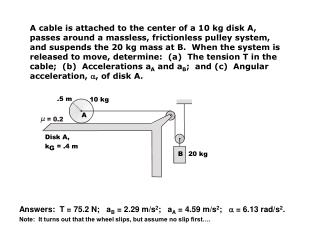 Answers: T = 75.2 N; a B = 2.29 m/s 2 ; a A = 4.59 m/s 2 ; a = 6.13 rad/s 2 .