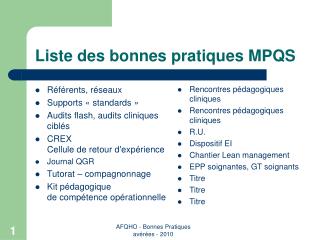 Liste des bonnes pratiques MPQS