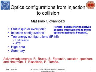 Optics configurations from injection to collision