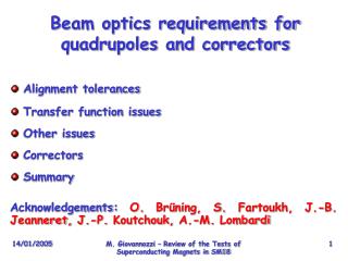 Beam optics requirements for quadrupoles and correctors