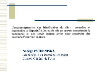 Nadège PSCHENISKA Responsable du Domaine Insertion Conseil Général de l’Ain