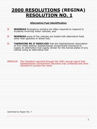 2000 RESOLUTIONS (REGINA) RESOLUTION NO. 1