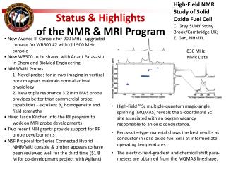 Status & Highlights of the NMR & MRI Program
