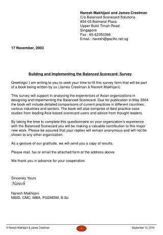 17 November, 2003 Building and Implementing the Balanced Scorecard: Survey