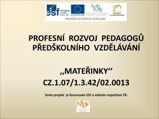 PROFESNÍ ROZVOJ PEDAGOGŮ PŘEDŠKOLNÍHO VZDĚLÁVÁNÍ ,,MATEŘINKY‘‘ CZ.1.07/1.3.42/02.0013