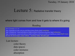 Lecture 5: Radiative transfer theory where light comes from and how it gets to where it’s going