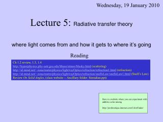Lecture 5: Radiative transfer theory where light comes from and how it gets to where it’s going
