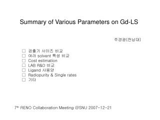 Summary of Various Parameters on Gd-LS 