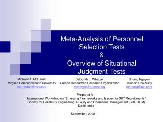 Meta-Analysis of Personnel Selection Tests &amp; Overview of Situational Judgment Tests