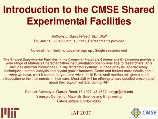 Introduction to the CMSE Shared Experimental Facilities