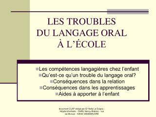 LES TROUBLES DU LANGAGE ORAL À L’ÉCOLE