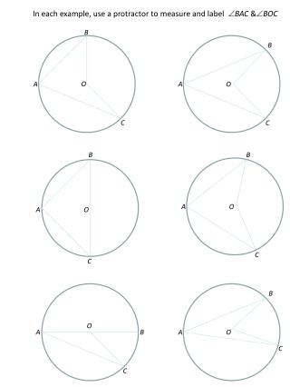 In each example, use a protractor to measure and label  BAC &amp; BOC