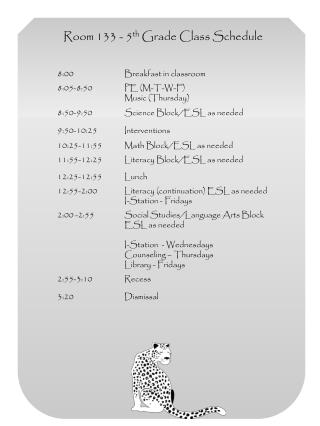 Room 133 - 5 th Grade Class Schedule