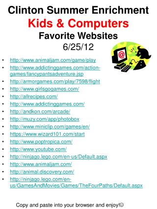 Clinton Summer Enrichment Kids &amp; Computers Favorite Websites 6/25/12