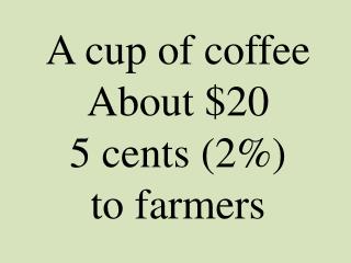 A cup of coffee About $20 5 cents (2%) to farmers