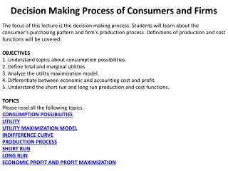 Decision Making Process of Consumers and Firms