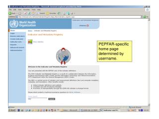 PEPFAR-specific home page determined by username.