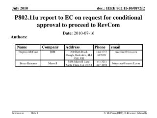 P802.11u report to EC on request for conditional approval to proceed to RevCom