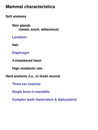 Mammal characteristics Soft anatomy Skin glands 	(sweat, scent, sebaceous) Lactation Hair