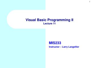 Visual Basic Programming II Lecture 11