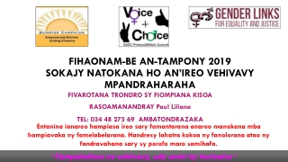 FIHAONAM-BE AN-TAMPONY 2019 sokajy natokana ho an’ireo VEHIVAVY mpandraharaha