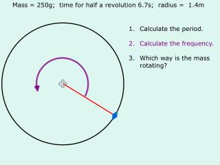 Mass = 250g; time for half a revolution 6.7s; radius = 1.4m