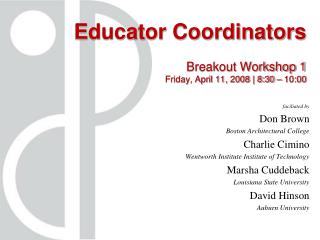 Educator Coordinators Breakout Workshop 1 Friday, April 11, 2008 | 8:30 – 10:00