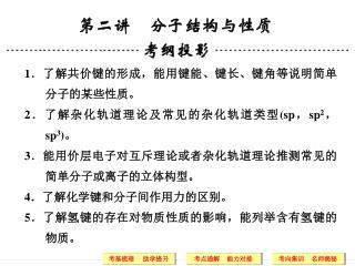 1 ．了解共价键的形成，能用键能、键长、键角等说明简单分子的某些性质。 2 ．了解杂化轨道理论及常见的杂化轨道类型 (sp ， sp 2 ， sp 3 ) 。