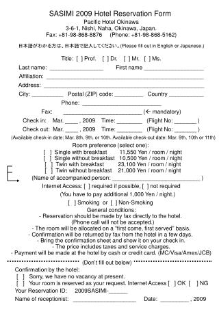 SASIMI 2009 Hotel Reservation Form