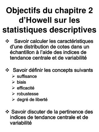 Objectifs du chapitre 2 d’Howell sur les statistiques descriptives