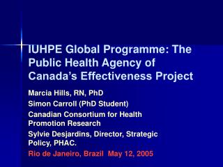 IUHPE Global Programme: The Public Health Agency of Canada’s Effectiveness Project