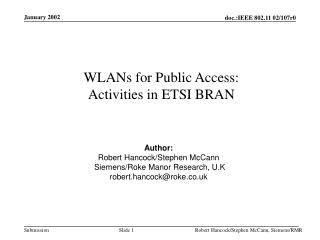 WLANs for Public Access: Activities in ETSI BRAN