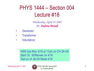 PHYS 1444 – Section 004 Lecture #18