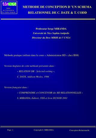 METHODE DE CONCEPTION D ’UN SCHEMA RELATIONNEL DE C. DATE &amp; T. CODD