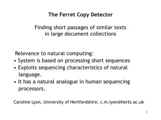 The Ferret Copy Detector Finding short passages of similar texts in large document collections