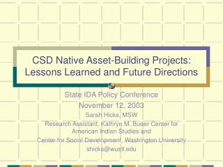 CSD Native Asset-Building Projects: Lessons Learned and Future Directions